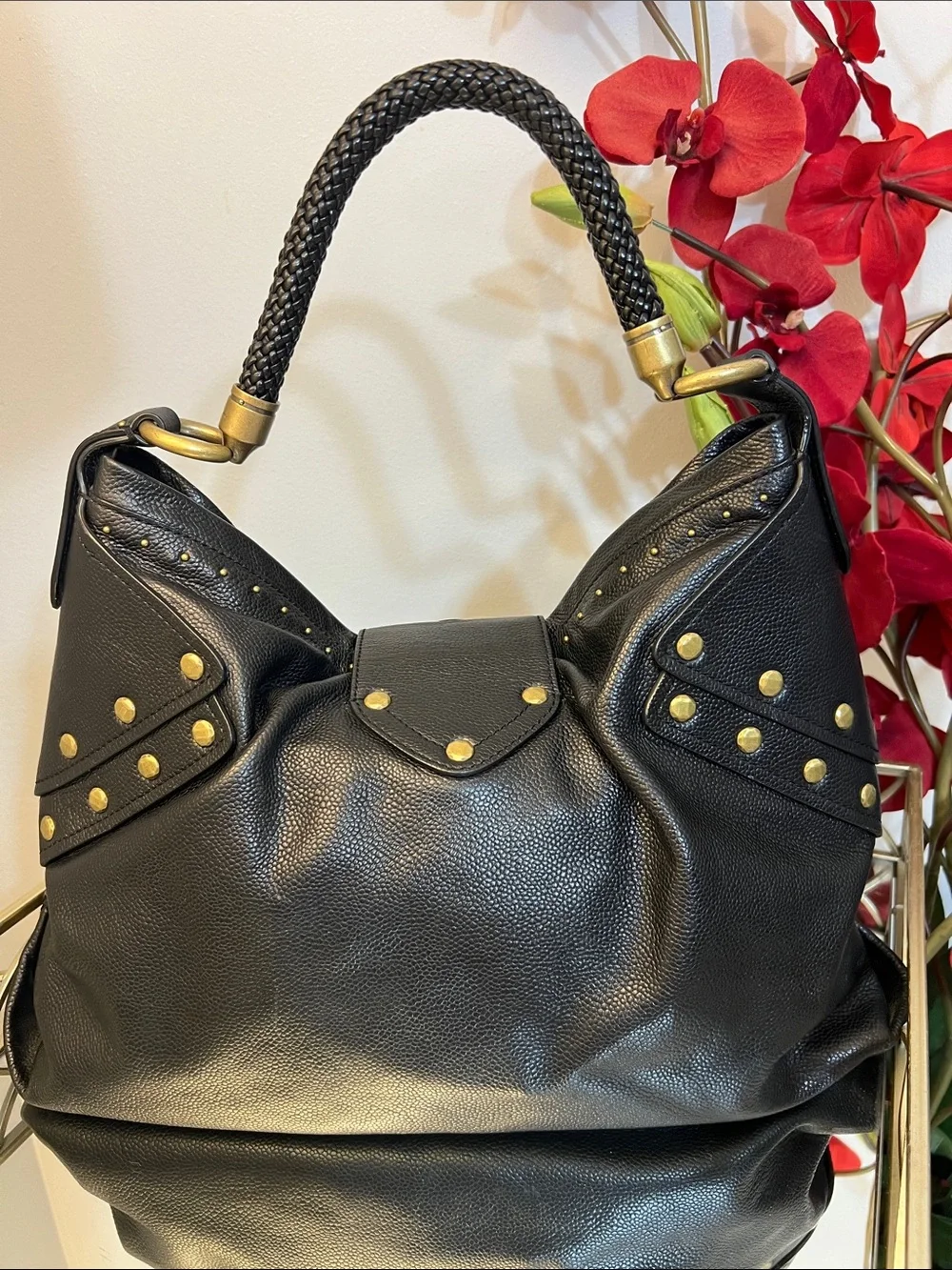 NWT Cole Haan Collection Black Leather Studded Hobo Shoulder Bag Vintage Y2K